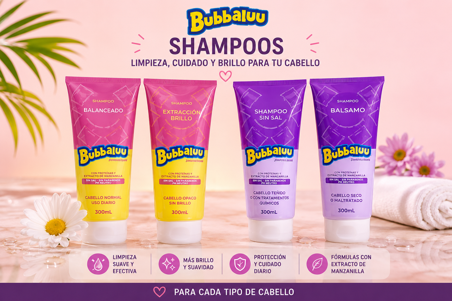 Pack Shampoo y Bálsamo Bubbaluu 300 ml | Cabello Suave y Brillante